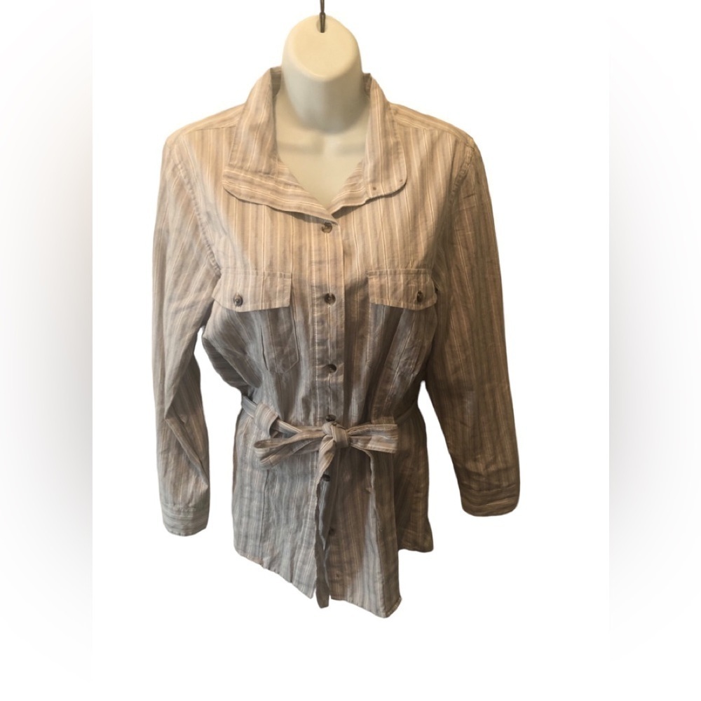 CC Filson Garmet Co. Striped Belted Tunic Utility Top Jacket M Gray White